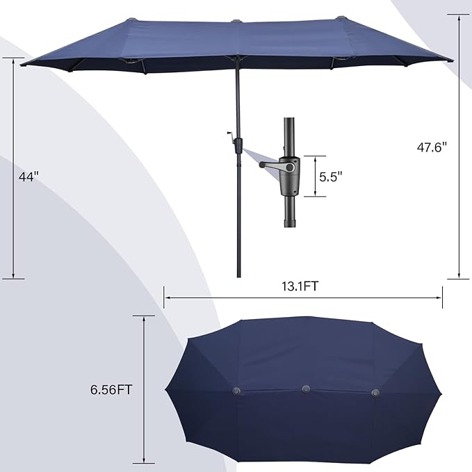 13 ft Patio Umbrella, Large Rectangle Outdoor Umbrella with Strap, Crank, Navy Blue