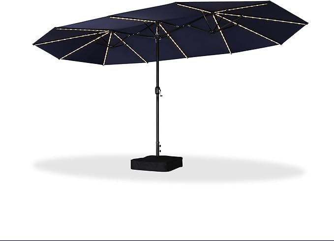 PURPLE LEAF 15ft Patio Market Umbrella with Solar LED and Base Double-Sided Rectangle Outdoor Table Sun Umbrellas with Crank for Pool Beach Deck Backyard Navy Blue