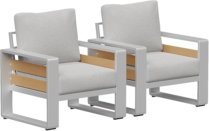 Aoxun Aluminum Outdoor Patio Furniture Set, 2 Seats Metal Sectional Patio Furniture, Modern Outside Sectional Set for Backyard, Armchair ×2, Sliver & Light Grey