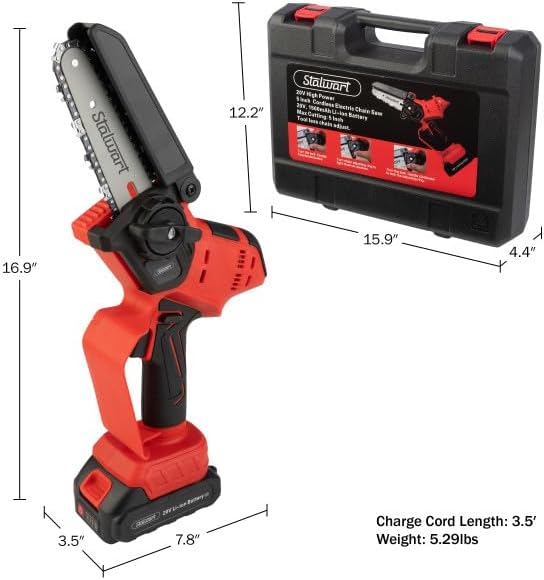 Mini Chainsaw - 5-Inch Chain Saw with 20V 1500mah Lithium Ion Battery, Charger, and Carry Case - Handheld Saw for Wood Cutting by Stalwart (Black/Red)