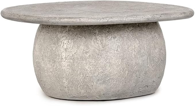 Pemberly Row 42-Inch Round Outdoor Coffee Table, Light Gray Concrete Stone, Plinth-Style Base, Smooth Finish, Durable Modern Industrial Design for Patio or Backyard Spaces