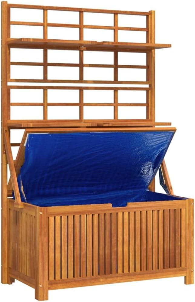 Outdoor Storage Box with Trellis Solid Acacia Wood 39"x19.7"x63" Patio Furniture for Deck Poolside Garden Organization, 4 Shelves Water-Resistant Inner Bag