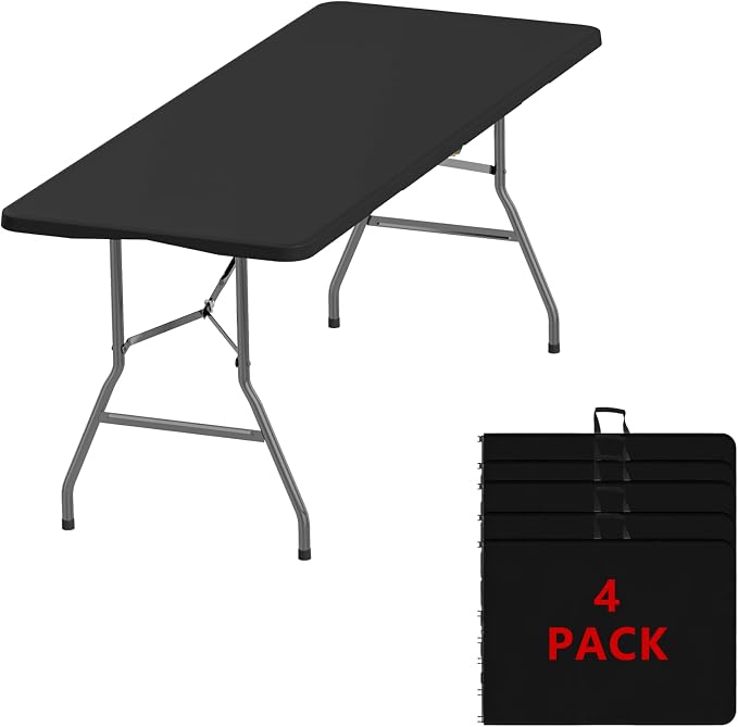 6FT Folding Tables – Heavy Duty Portable Foldable PicnicTable with Built-in Handle, 450 lb Capacity – Ideal for Events, Parties, Crafts, Camping & Dining (4-Pack, Black)