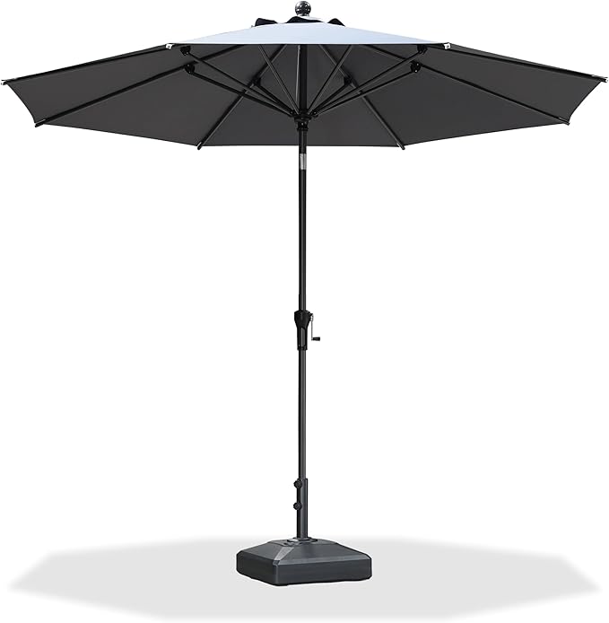 PURPLE LEAF 10' Round Patio Market Umbrella with Base Outdoor Table Umbrellas Aluminum Frame Sun Shade with 8 Sturdy Ribs Tilt for Garden Deck Lawn Pool Light Gray