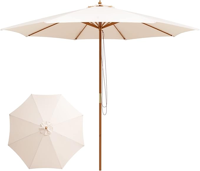 Tangkula 10FT Patio Umbrella, Outdoor Table Market Umbrella w/8 Wooden Ribs, 3 Adjustable Heights, Rope Pulley System, Detachable Pole, Wooden Patio Umbrella for Garden, Poolside, Backyard (Beige)