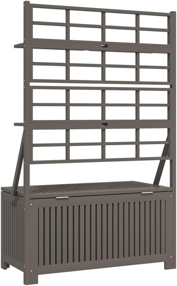 Solid Acacia Wood Patio Storage Box with Trellis and Utility Shelves for Outdoor Garden Use