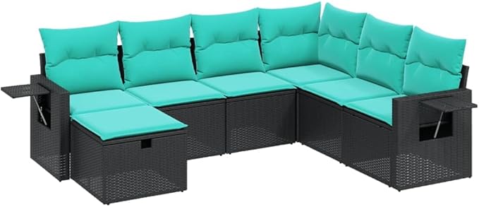 7 Piece Patio Sofa Set with Cushions, Patio Conversation Set Outdoor Dining Sets Porch Furniture Set Outdoor Sofa Sets for Piazza Exhibition Negotiation Area Garden Black Poly Rattan