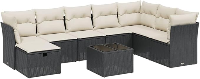 vidaXL Patio Sofa Set with Cushions 9 Piece, Outdoor Conversation Set, Sectional Sofa for Balcony Garden, Modern Style, Black Poly Rattan