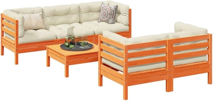 6 Piece Patio Sofa Set with Cushions, Front Porch Furniture Patio Conversation Set Garden Lounge Set Porch Furniture Set for Exhibition Poolside Piazza Wax Brown Solid Wood Pine