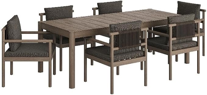 MAKLAINE 7-Piece Outdoor Patio Dining Set, Solid Teak Wood, 89 Inch Rectangular Table, Weathered Gray Flint Finish, Woven Rope Chair Backrest, Removable Cushions, Non-Marking Foot Caps, Deck or Patio