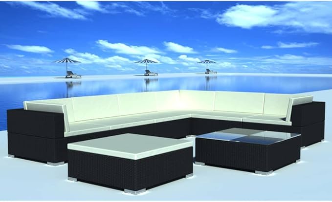8 Piece Patio Lounge Set with Cushions, Outdoor Dining Sets Front Porch Furniture Sectional Sofa Patio Conversation Set for Garden Piazza Exhibition Poolside Poly Rattan Black