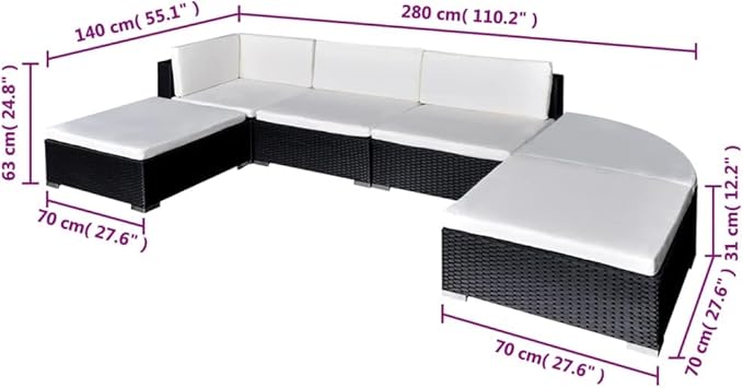 6 Piece Patio Lounge Set with Cushions, Sectional Sofa Front Porch Furniture Patio Conversation Set Porch Furniture Set for Exhibition Poolside Negotiation Area Garden Poly Rattan Black