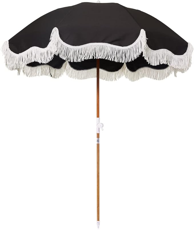 Business & Pleasure Co. Holiday Umbrella - Boho Beach Umbrella with White Fringe, UPF 50+, 1" Tilting Wood Pole, 5’ x 6.5’, Vintage Black