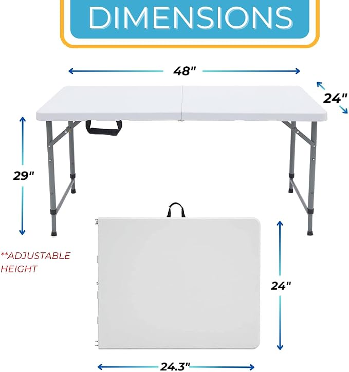 Ezone 4ft Indoor Outdoor Heavy Duty Portable Folding Plastic Dining Table w/Handle, Lock for Picnic, Party, Camping - White (4 Ft)