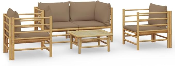 5 Piece Patio Lounge Set with Taupe Cushions, Outdoor Dining Sets Porch Furniture Set Patio Conversation Set Sectional Sofa for Negotiation Area Exhibition Piazza Poolside Bamboo