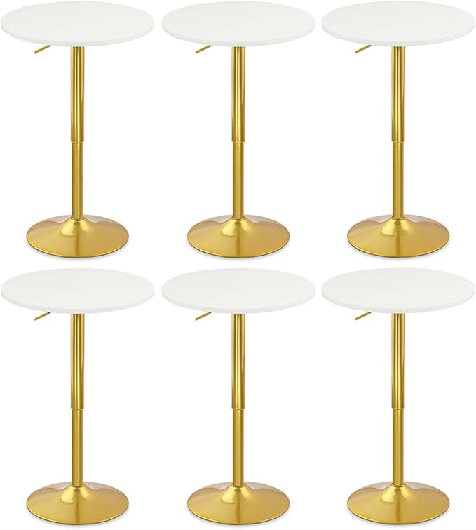 CLATINA Round Bar Pub Tables Set of 6, 26"-36" Height Adjustable Bistro Table with Gold Base, 360° Swivel High Top Cocktail Table for Home Kitchen Party Drink Restaurant Wedding Cafe Reception, White