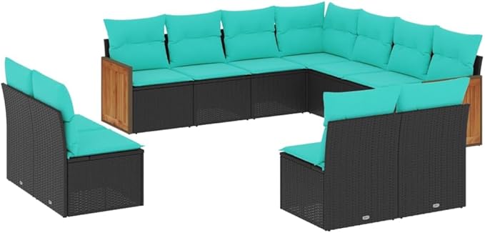 11 Piece Patio Sofa Set with Cushions, Outdoor Sofa Sets Outdoor Dining Sets Sectional Sofa Patio Conversation Set for Exhibition Negotiation Area Garden Poolside Black Poly Rattan