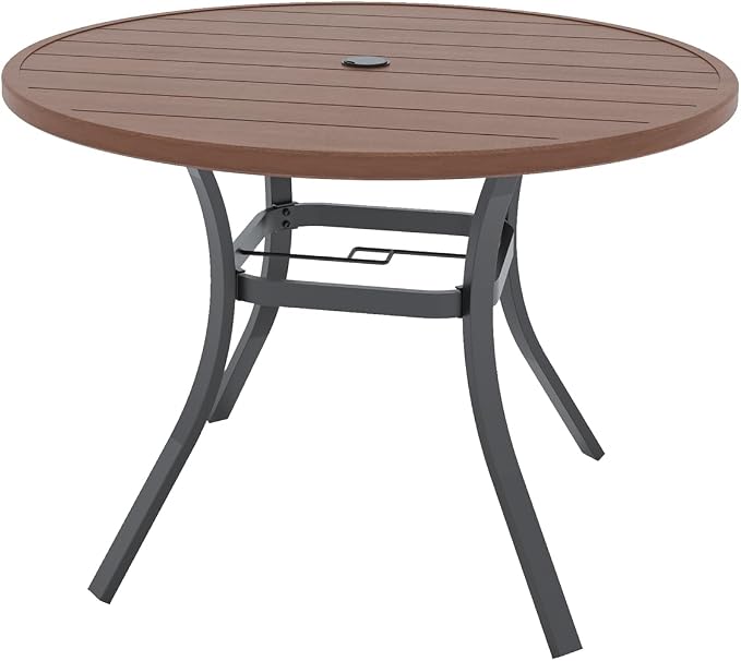 Anmutig Round Outdoor Dining Table, 41-inch All-Weather Patio Table with Adjustable Umbrella Hole for Deck Lawn Garden Backyard Balcony Deck, Metal Frame Slatted Tabletop