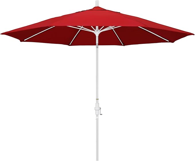 California Umbrella 11Ft Sunbrella Patio Umbrella, Fiberglass Ribs, Hand-Crank, Tilt-Collar, White Frame, Jockey Red Fabric