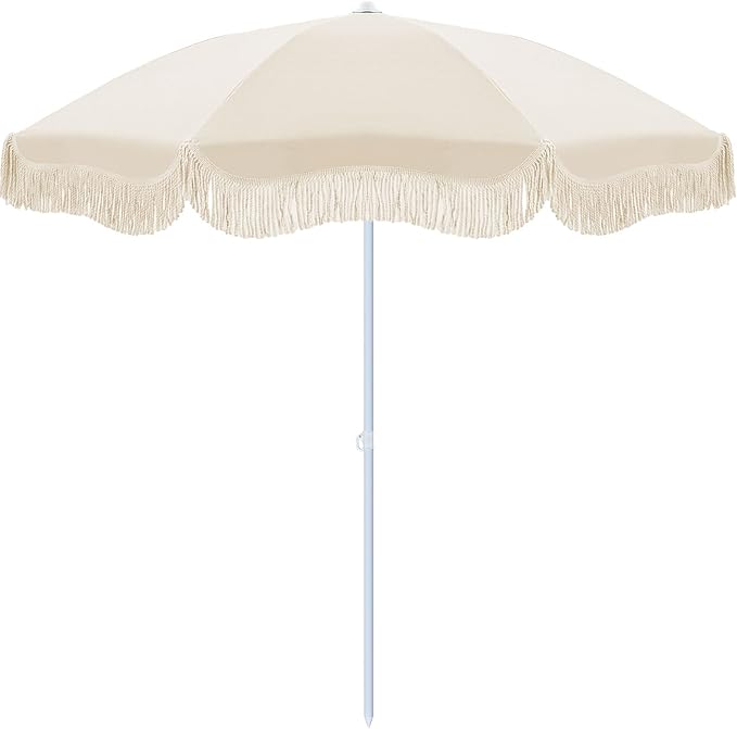 6.5ft Patio Umbrella with Fringe, UPF 50+ UV Boho Outdoor Beach Umbrella with Carry Bag, UV Protection Sun Shade with Tassels for Garden, Deck, Backyard, Poolside Decor