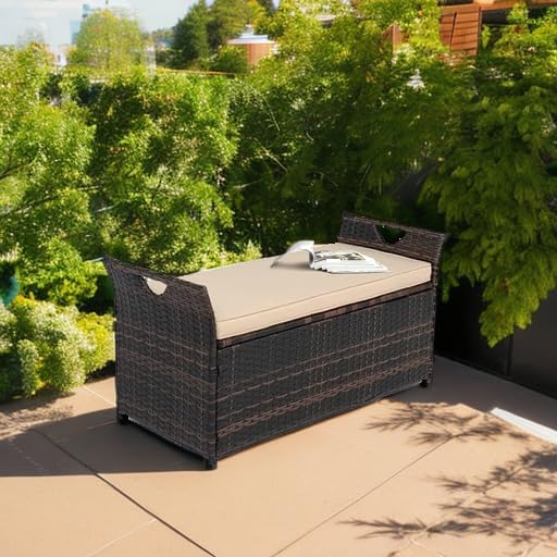 VINGLI 40 Gallon Outdoor Storage Bench with Cushion, Rattan Storage Box, Patio Wicker Deck Box with Seat for Garden | Balcony | Porch | Pool | Yard (Brown Frame + Beige Cushion)
