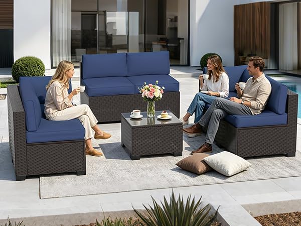 7 Pieces Outdoor Patio Furniture Set, Wicker Modular Sectional Sofa, All Weather Conversation Sets with Glass Table for Yard, Garden, Poolside, Navy Blue Cushions