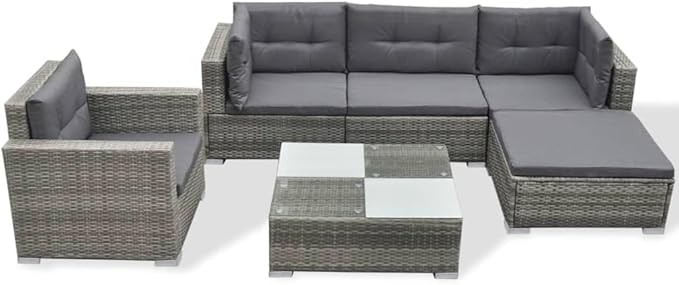 6 Piece Patio Lounge Set with Cushions, Sectional Sofa Patio Conversation Set Front Porch Furniture Outdoor Sofa Sets for Exhibition Negotiation Area Poolside Garden Poly Rattan Gray