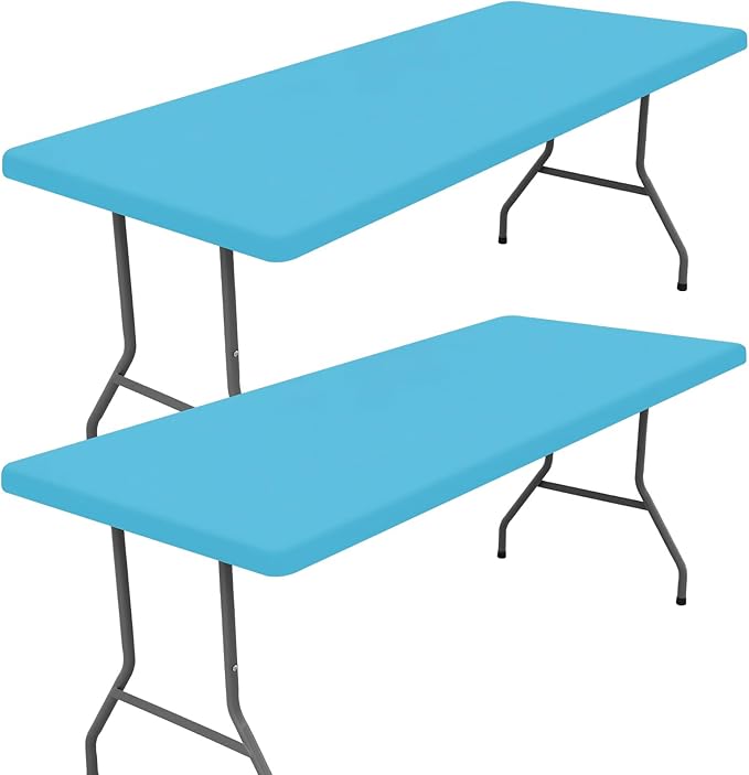 Moosfor Spandex 8 Foot Rectangle Table Cloth 2 Pack, Elastic Fitted Tablecloths for Picnic, Stretch Washable Patio Table Cover for Outdoor, Camping, Banquet and Parties (Blue Mist, 30"x96")