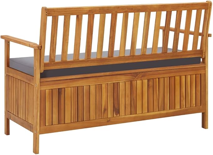 Patio Storage Bench with Gray Cushion, Outdoor Wooden Deck Box, Solid Wood Patio Furniture for Outdoor Cushions, Pool Storage and Garden Tools, 47.2"x24.8"x33.1", -329