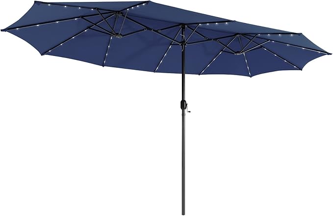 Giantex 15 FT Double Patio Umbrellas with 48 Solar LED Lights, Auto-Charging Panel, Crank System, Outdoor Extra-Large Rectangle Market Table Umbrella for Garden Deck Backyard Beach Pool
