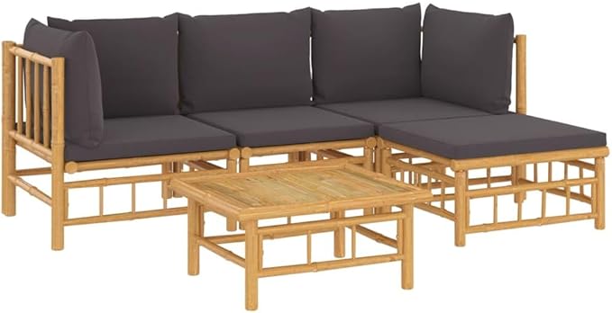 5 Piece Patio Lounge Set with Dark Gray Cushions, Front Porch Furniture Patio Conversation Set Outdoor Dining Sets Outdoor Sofa Sets for Piazza Poolside Exhibition Garden Bamboo