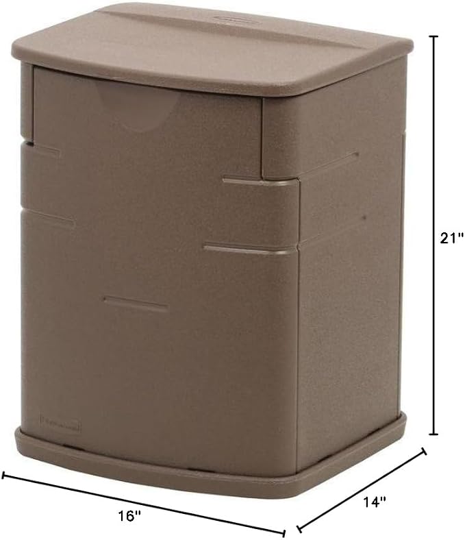 Rubbermaid Mini Resin Weather Resistant Outdoor Deck Box, 16" w x 14" d x 21" h, Mocha, Organization Bin & Commercial Products Food Service Utility Scoop, 64-Ounce, White, for Ice/Bar and Ingredient