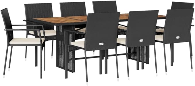 Backyard Furniture Patio Conversation Sets Outdoor Seating 9 Piece Patio Dining Set with Cushions Black Poly Rattan Suitable for Gardens, Balconies, Decks