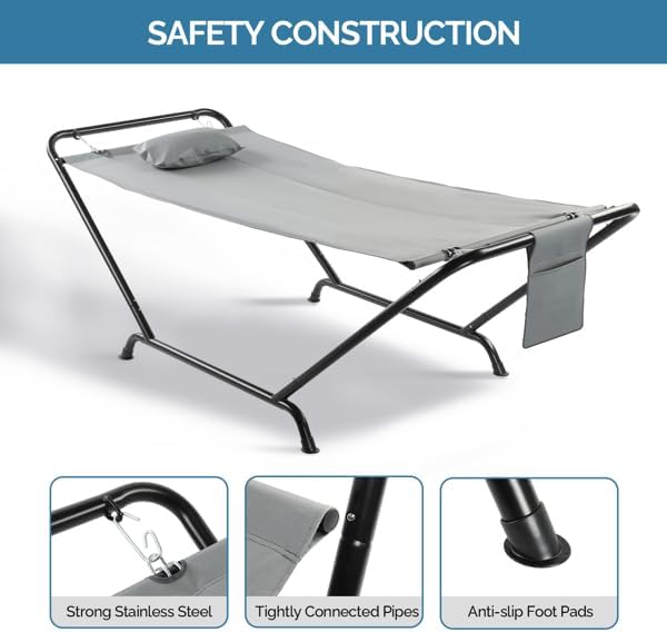 Freestanding Outdoor Hammock Set with Heavy-Duty Steel Frame, 550LBS Capacity, Soft Pillow, Oxford Fabric Bed & Carry Bag for Patio Yard Relaxation