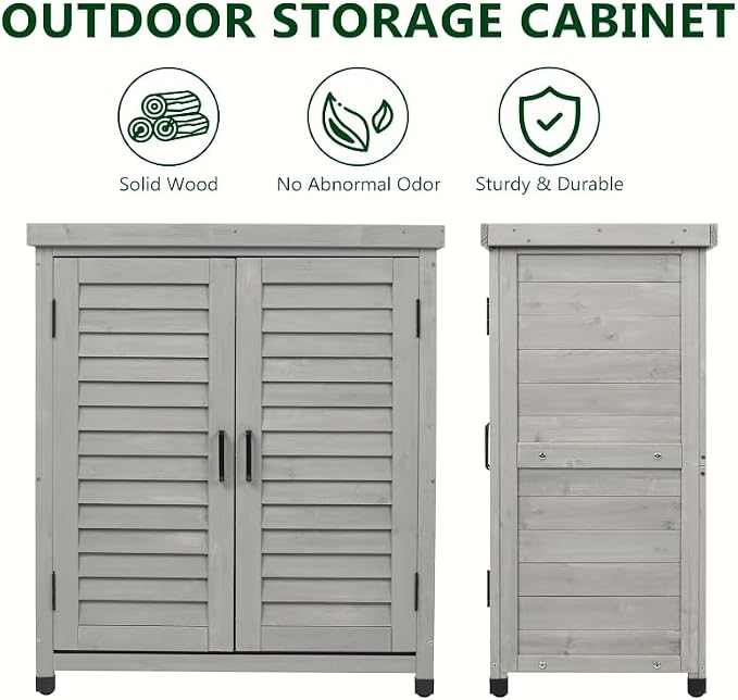 Sturdy Potting, Outdoor Storage Cabinet, Solid Wood Work Table, Metal Top, Louvered Doors, Magnetic Door, Gray, 31.5 17 36 Inch