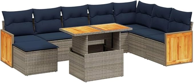 vidaXL Patio Sofa Set with Cushions 9 Piece, Outdoor Conversation Set, Sectional Sofa for Balcony Garden, Modern Style, Gray Poly Rattan