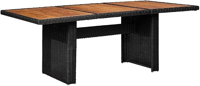 7-Piece Outdoor Dining Set 78.7" Rectangular Acacia Wood Table with Black Poly Rattan Chairs Powder-Coated Steel Frame Weather-Ready Cushions Patio Furniture for Garden Backyard Terrace