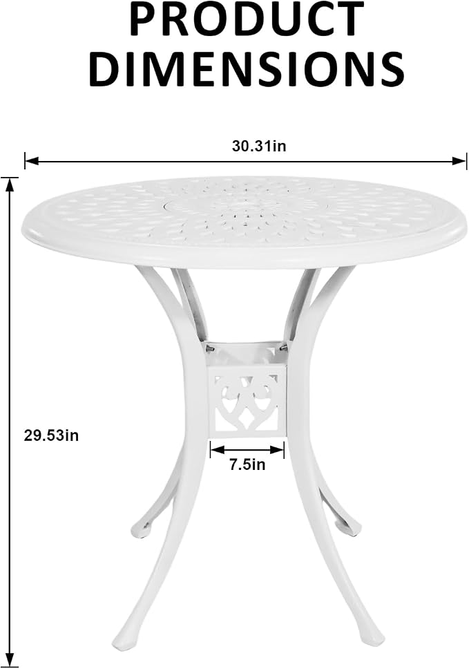 30.31" Cast Aluminum Outdoor Dining Table, Patio Bistro Table with 2.36" Umbrella Hole, Metal Conversation Furniture for Garden Porch