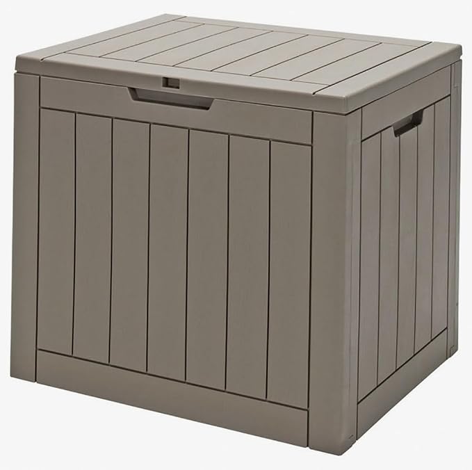 Light Brown 30-Gallon PP Woodgrain Deck Box Outdoor Storage Seat with Waterproof Lid, 22x17x21in for Patio