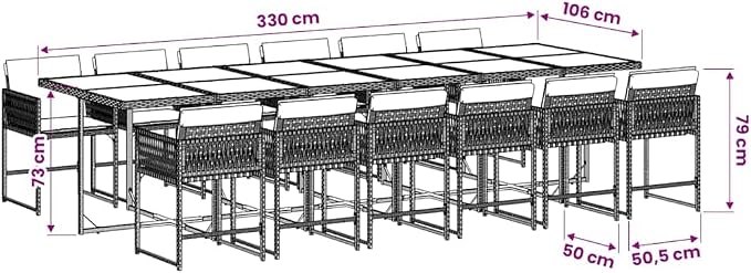 12-Seater PE Rattan Outdoor Dining Set with Cushions, Black/Cream | Includes a tempered glass tabletop and steel frame, ideal for large family gatherings in the patio or backyard.