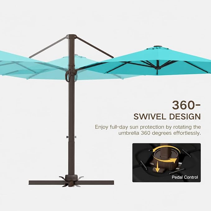 Kingdura Cantilever Patio Umbrella with Double Top Vent, Large Square Aluminum Outdoor Offset Umbrella with 360-degree Rotation, Infinite Tilt, UV Protection for Pool Deck Garden Patio