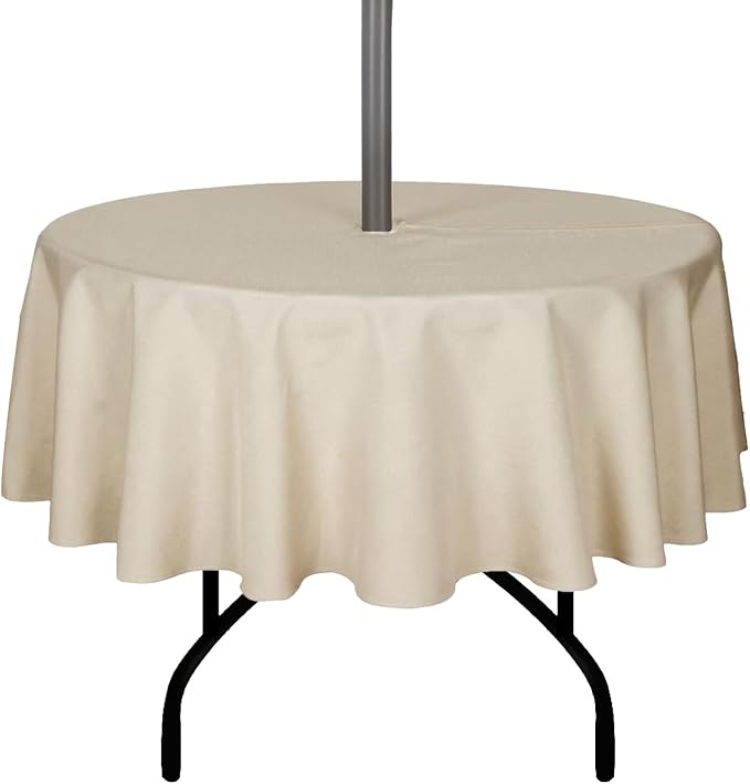 Outdoor Tablecloth Wrinkle-Free Stain Resistant Waterproof Polyester Fabric Table Cover with Zipper Umbrella Hole for Picnic/Party/Dinner/Patio Garden(70inch Round,Zippered,Nature)