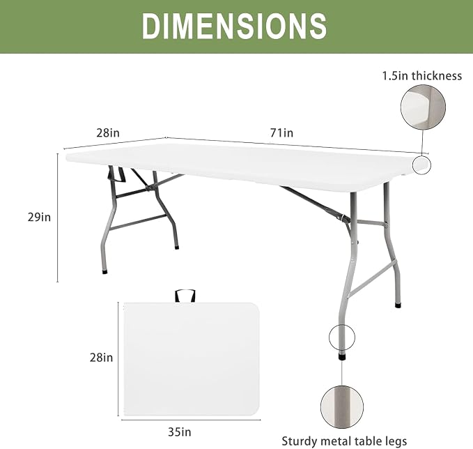 6ft Folding Table Portable Heavy Duty Plastic Utility Foldable Table Indoor Outdoor for Camping, Party with Handle, Lock - White
