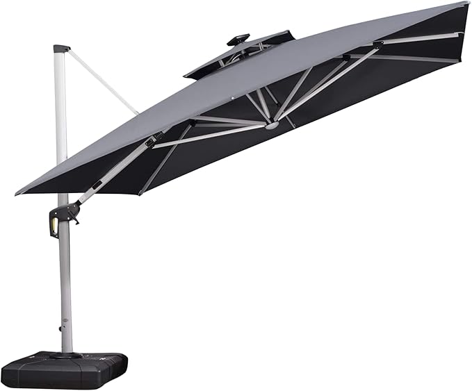 PURPLE LEAF 11 Feet Double Top Deluxe Solar Powered LED Square Patio Umbrella Offset Hanging Umbrella Outdoor Market Umbrella Garden Umbrella, Grey