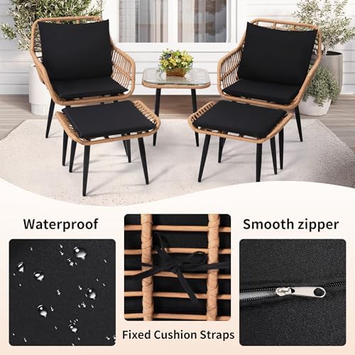 5-Piece Wicker Patio Conversation Set - Stylish Outdoor Furniture with 2 Chairs, 2 Ottomans & Side Table - Ideal for Balcony, Deck, Porch & Backyard Relaxation