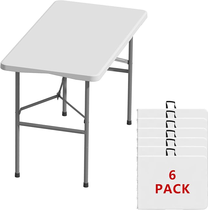 4FT Folding Tables – Heavy Duty Portable Foldable Picnic Table with Built-in Handle, 450 lb Capacity – Ideal for Events, Parties, Crafts, Camping & Dining (6-Pack, White)