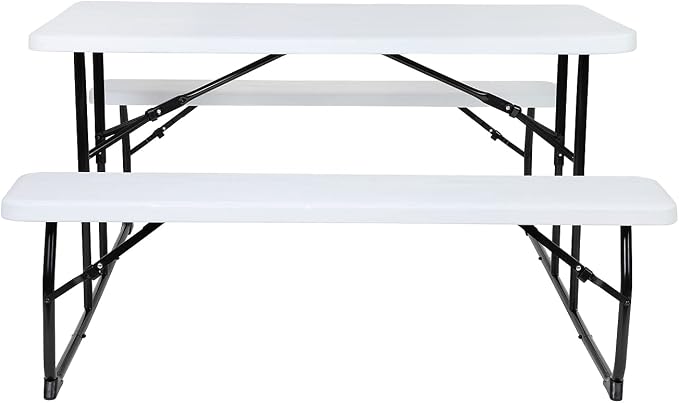 Flash Furniture Insta-Fold Picnic Table - White Wood Grain Folding Picnic Table Bench Set for Adults - 4.5 Foot Folding Table