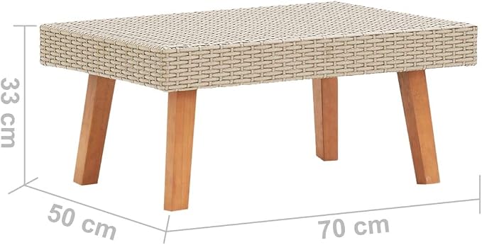 Patio Coffee Table Beige Synthetic Poly Rattan Outdoor Furniture for Garden Terrace Balcony Low Square Center Table with Powder Coated Metal Frame Teak Finish Accents