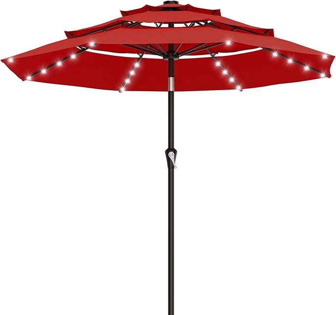 AreShark 9ft 3 Tiers Patio Umbrella with Solar Lights, Outdoor Umbrella w/ 32 LED Lights&8 Sturdy Ribs, Table Umbrella for Deck, Backyard, Pool (Red)