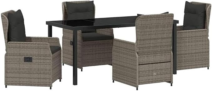 Afuera Living Contemporary 5 Piece Poly Rattan Garden Dining Set, Gray Finish, Tempered Glass Table, Adjustable Backrest Chairs, Weather-Resistant Patio Furniture for Outdoor Dining